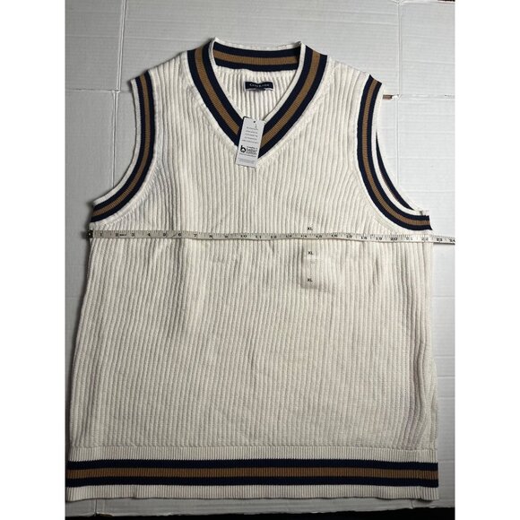 NWT-Club Room mens White Knit Cotton Sweater Vest XL With Striped Trim V-Neck - Picture 7 of 9
